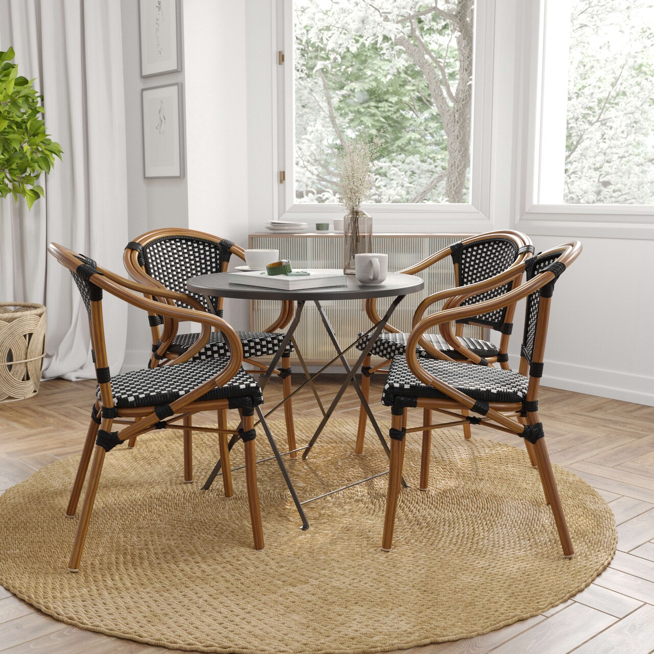 Merrick Lane Sacha Set of Four Stacking Thonet Bistro Style Chair with Arms, PE Rattan Seat, and Bamboo Metal Frame for Indoor/Outdoor Use